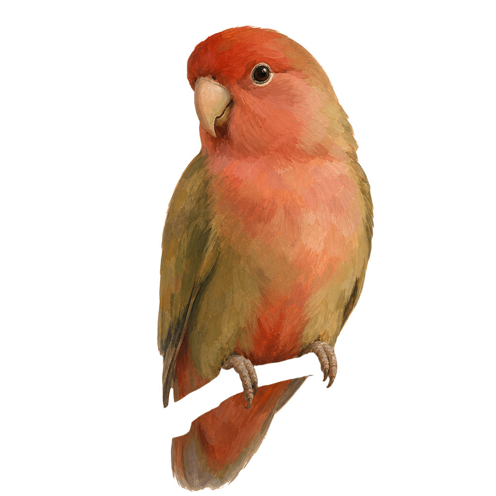 Painted illustration of a single lovebird waiting on a branch