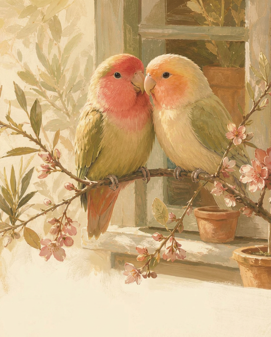 Painted illustration of two lovebirds perched together on a blossoming branch by a sunlit window
